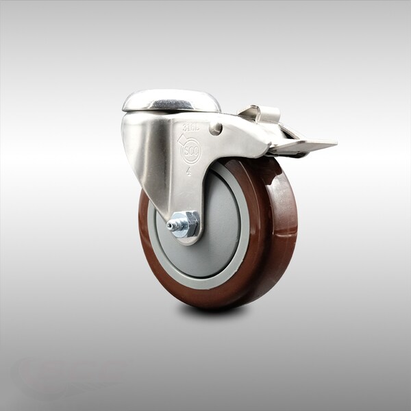 4 Inch 316SS Maroon Polyurethane Swivel Bolt Hole Caster with Total Lock Brake